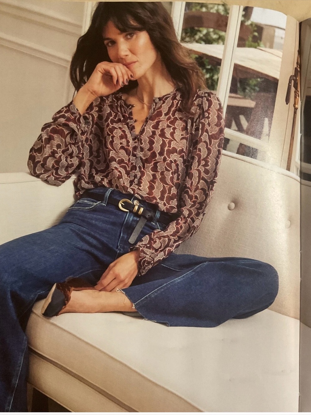 Evereve Womens Blouse Sheer Burgundy Scalloped Floral Top Blouse Size Large